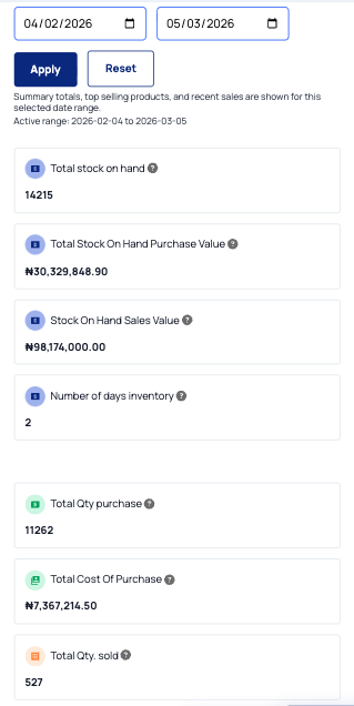 Mobile report view showing inventory totals and quantity metrics